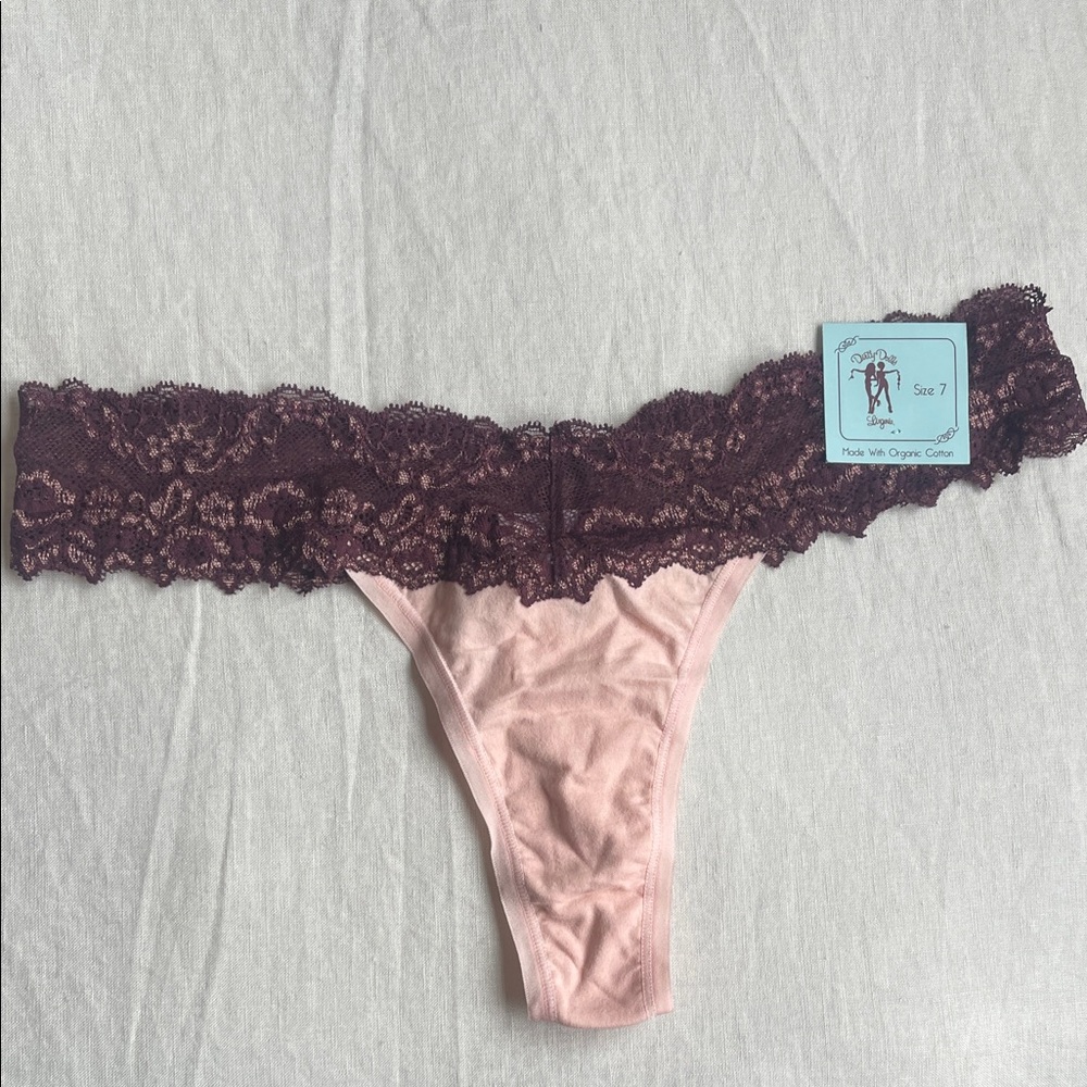 Lace-Trim Thong Panty in Pink and Deep Plum